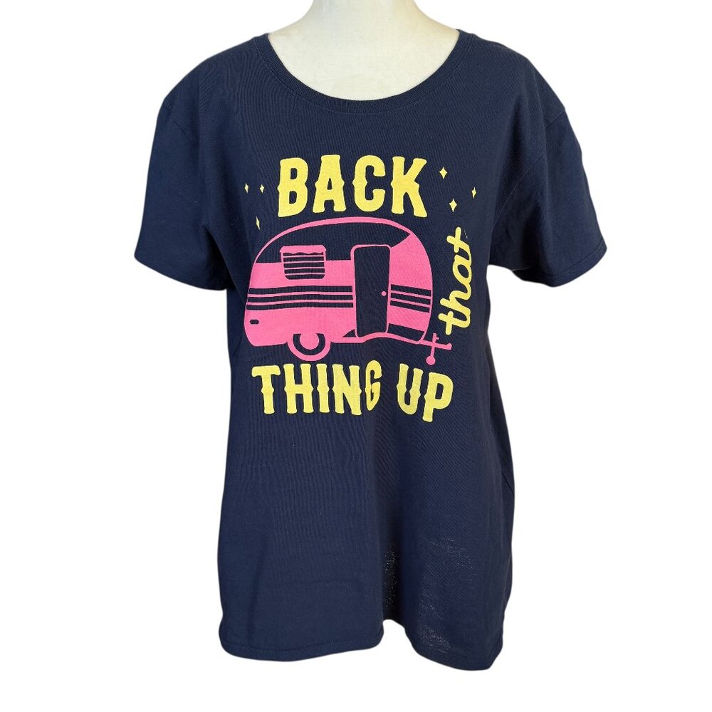 Farm Fed Clothing navy blue short sleeve crewneck camping t-shirt women's XL